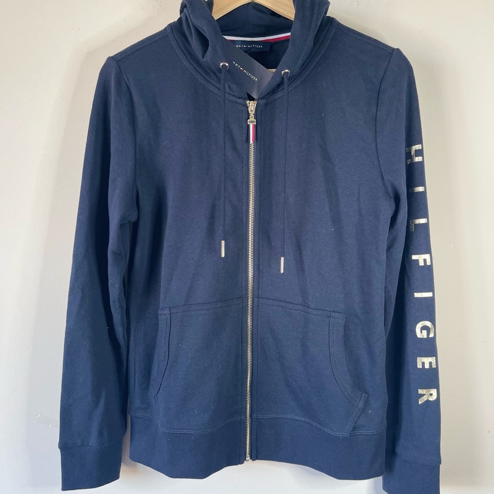 Tommy Hilfiger Sweatshirt Hoodie Womens Full Zip w/Pockets Navy
